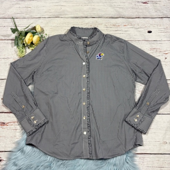 Peter Millar Kansas Jayhawks Gingham Ruffle Button Down Blouse - Picture 1 of 10